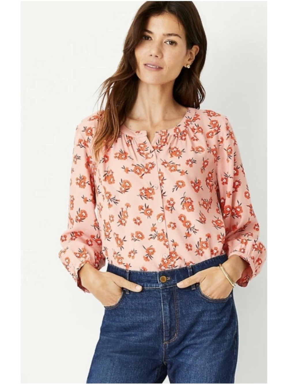 Ann Taylor Floral Shirred 3/4 Sleeve Pullover Peasant Blouse Boho Pink Medium